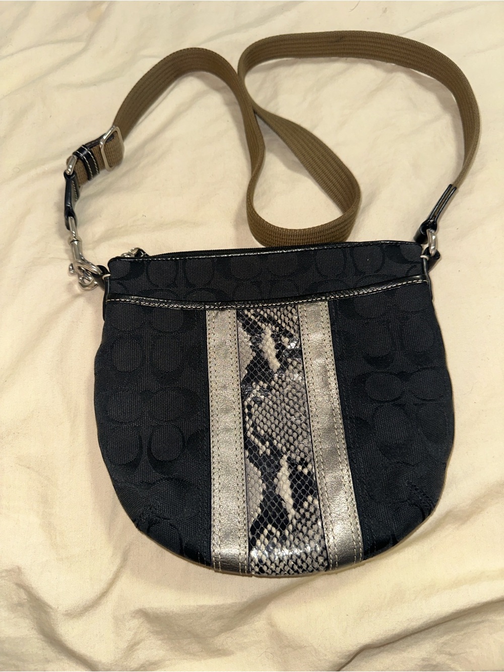 Coach Black Crossbody with Metallic Snake-Print Stripe